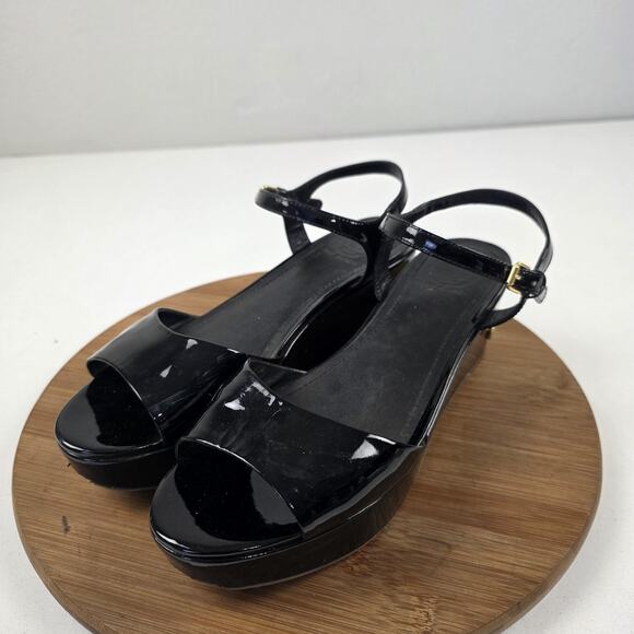 Tory Burch Sandals Womens Size 9 Black Patent Leather Wedge Platform Ankle Strap - Picture 2 of 16